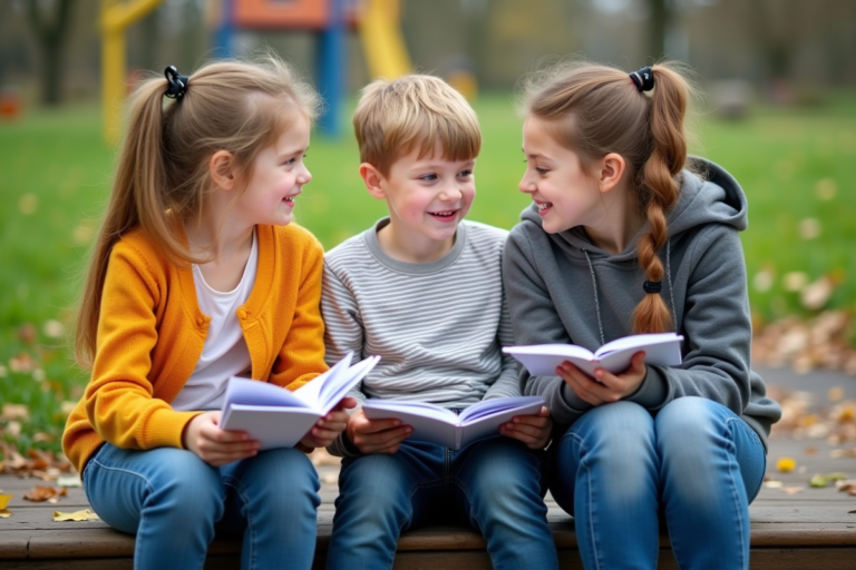 Trois enfants de différents âges discutent dans un parc en automne