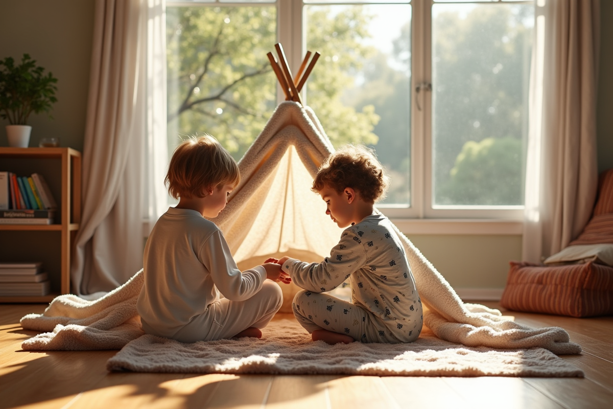 Deux enfants jouent dans une tente faite maison en intérieur