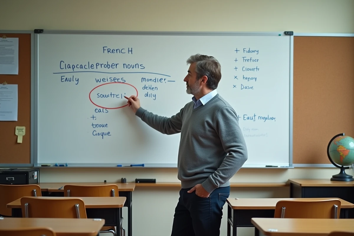Enseignant expliquant les pièges des majuscules dans les noms propres au tableau blanc en salle de classe