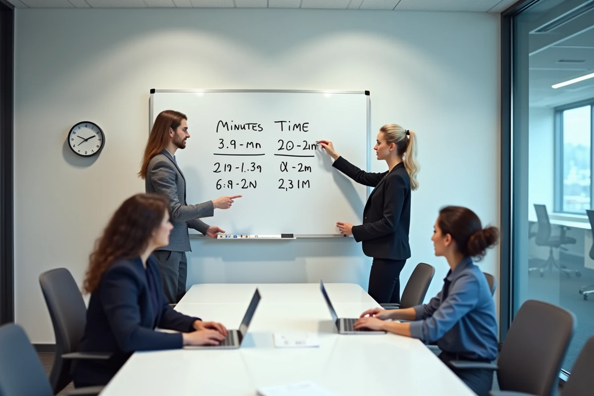 Équipe professionnelle en réunion devant un tableau blanc présentant une conversion de minutes en heures pour optimiser la planification collective