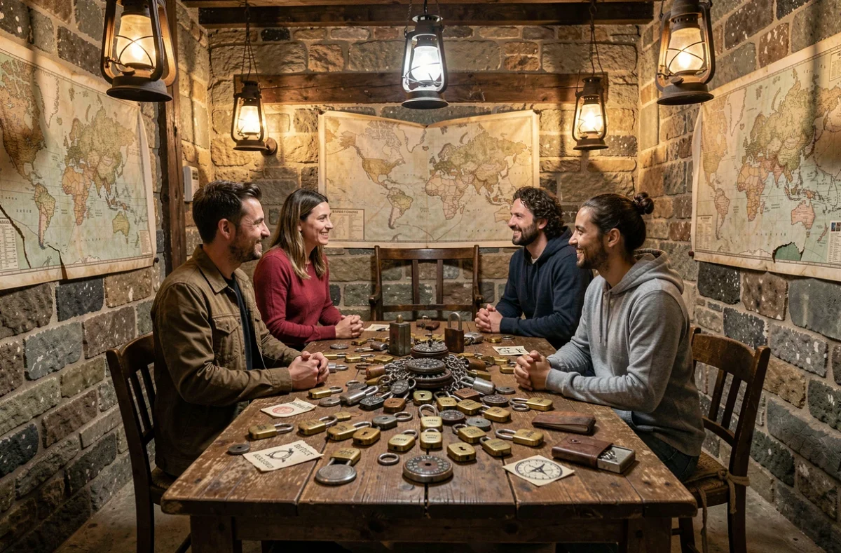 Groupe de joueurs résolvant des énigmes dans un escape game de la Loire