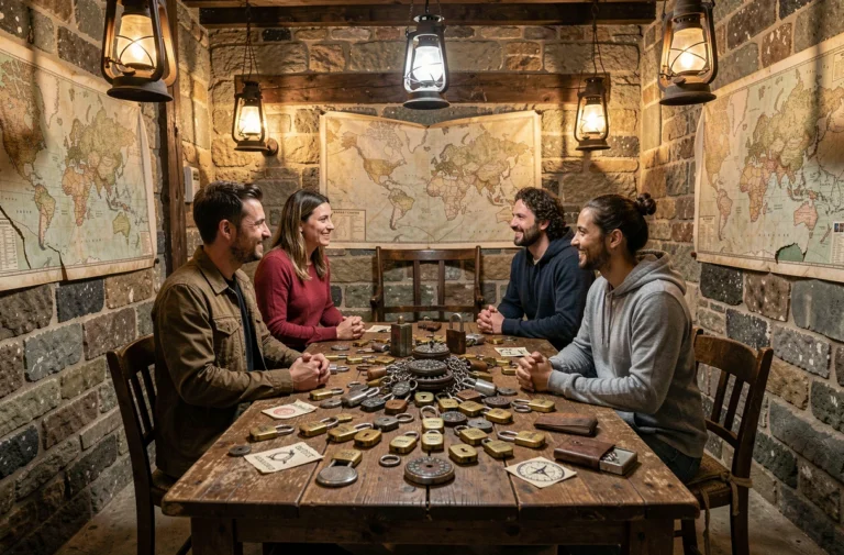 Groupe de joueurs résolvant des énigmes dans un escape game de la Loire
