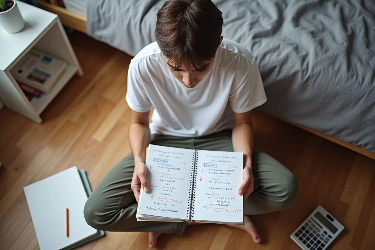 Étudiant révisant une méthode de conversion de mètres carrés en centimètres carrés dans un cahier scolaire posé sur le parquet de sa chambre