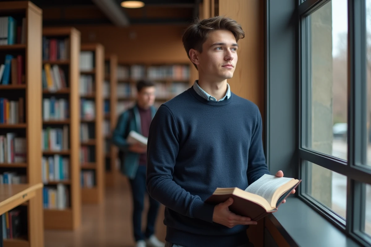 Étudiant consultant un guide de vocabulaire bilingue anglais-français pour préparer sa candidature à un stage en bibliothèque universitaire