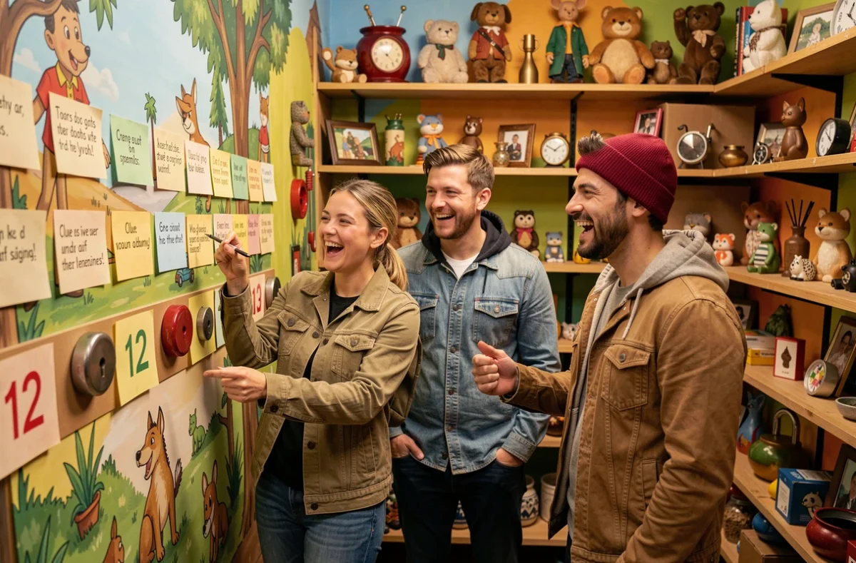 Trio de joueurs déchiffrant des indices colorés dans la salle d'Evasion Escape Game