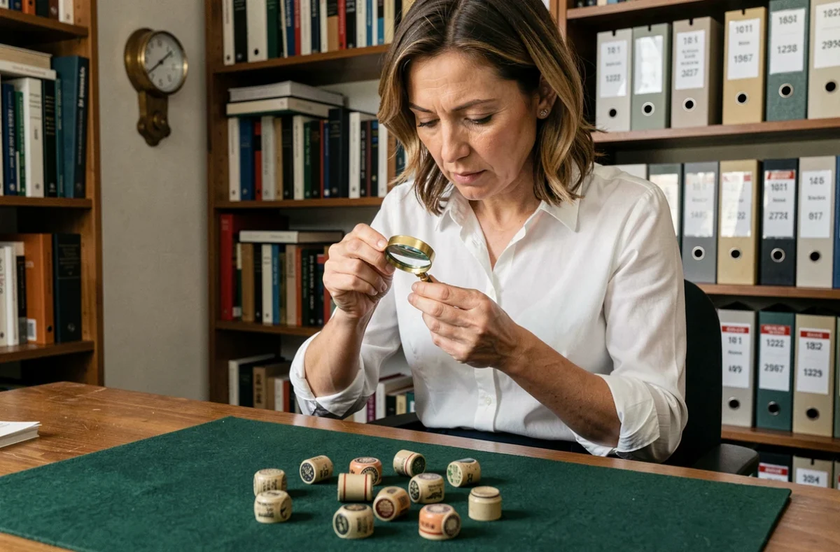 Femme examinant une capsule de champagne vintage à la loupe sur un bureau avec collection de capsules étalées sur feutrine verte
