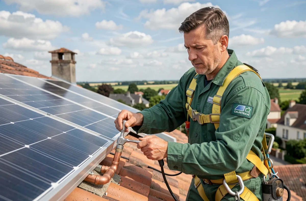 Technicien Excel Energies Renouvelables installant des connexions solaires thermiques sur un toit en Eure-et-Loir