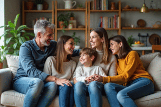 Famille melangee assise sur un sofa convivial dans le salon