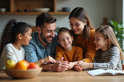 Famille multiculturelle autour d'une table de cuisine