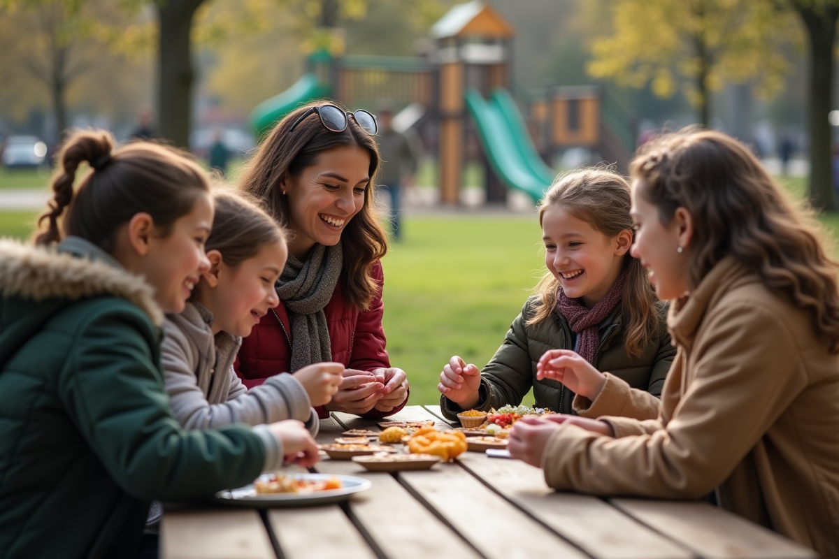 Famille dehors autour d une table de pique-nique jouant à un jeu