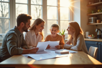 Famille heureuse révisant des documents financiers à la maison
