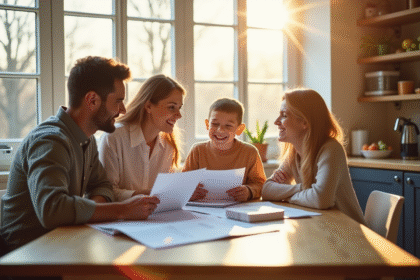 Famille heureuse révisant des documents financiers à la maison