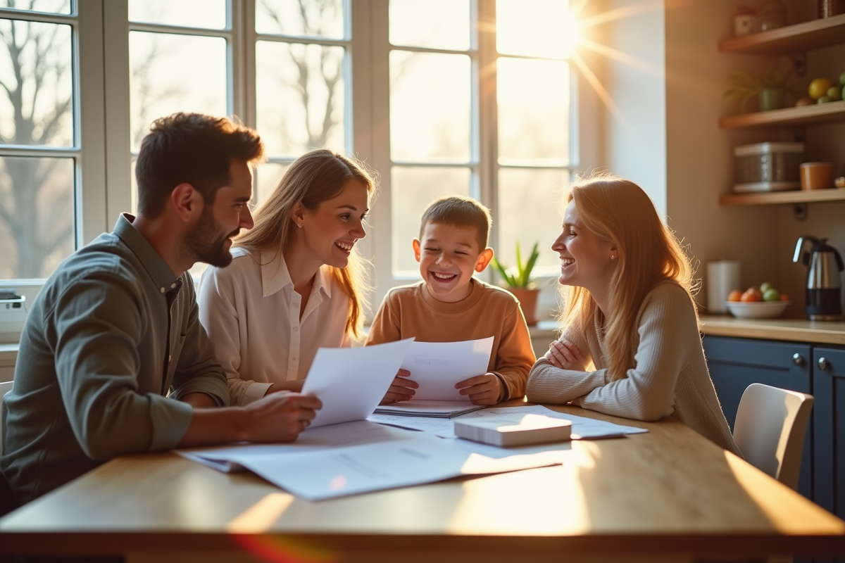 Famille heureuse révisant des documents financiers à la maison