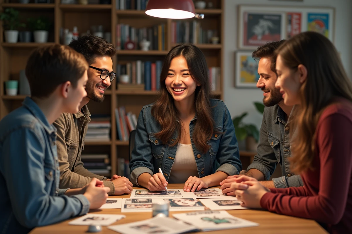 Groupe de fans discutant de manga et figurines dans un salon
