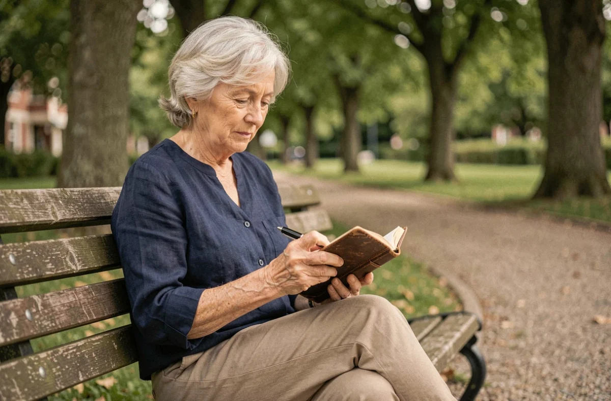 Femme âgée assise sur un banc de parc notant des dates dans un journal intime pour retracer les jours de sa vie