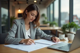 Femme professionnelle convertissant des minutes en heures dans un agenda pour optimiser sa gestion du temps au bureau