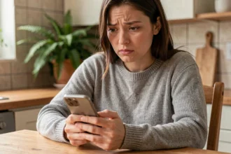 Femme consultant un annuaire inversé gratuit sur son smartphone pour identifier un numéro inconnu