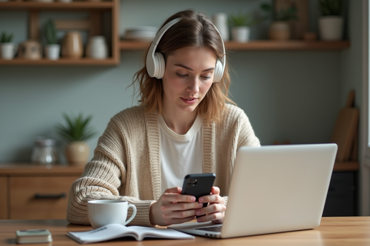 Jeune femme utilisant une application de langues à la maison
