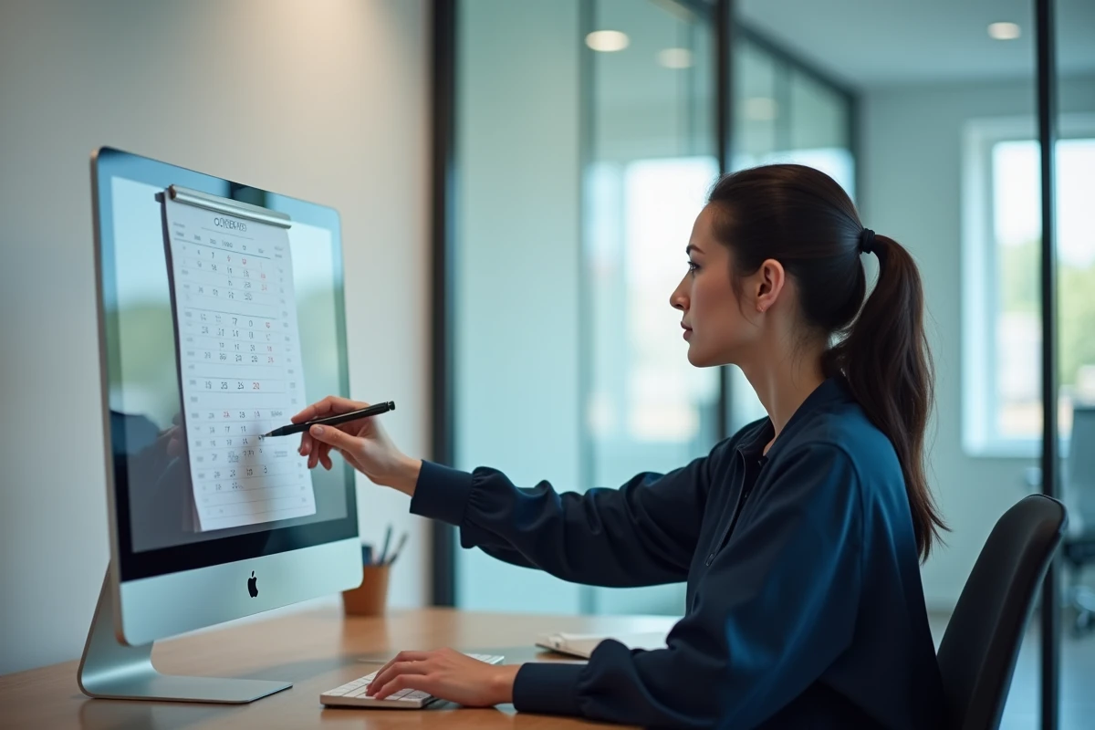 Femme professionnelle consultant un grand calendrier mural pour compter les jours de l'année 2026