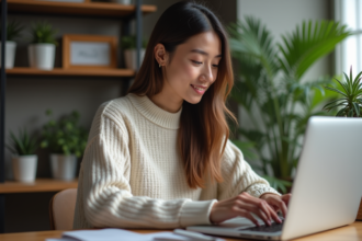 Jeune femme concentrée travaillant sur un ordinateur portable à domicile