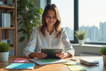 Jeune femme professionnelle organisant des notes colorées dans un bureau lumineux