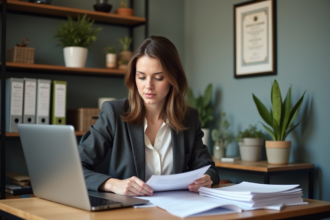 Femme concentrée au bureau avec documents et ordinateur