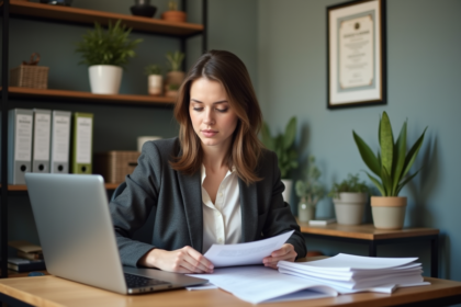 Femme concentrée au bureau avec documents et ordinateur