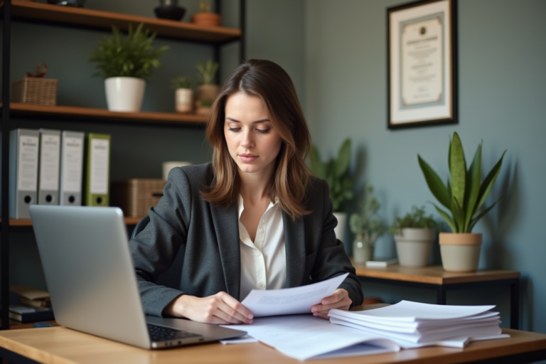 Femme concentrée au bureau avec documents et ordinateur