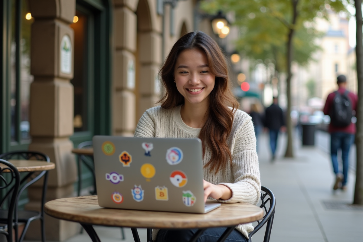 Jeune femme souriante utilise un laptop crypto en extérieur