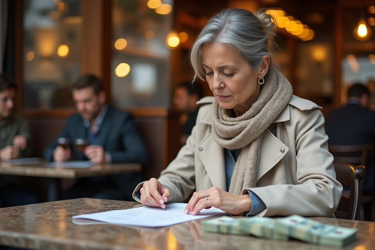 Femme au cafe triant des billets de cash