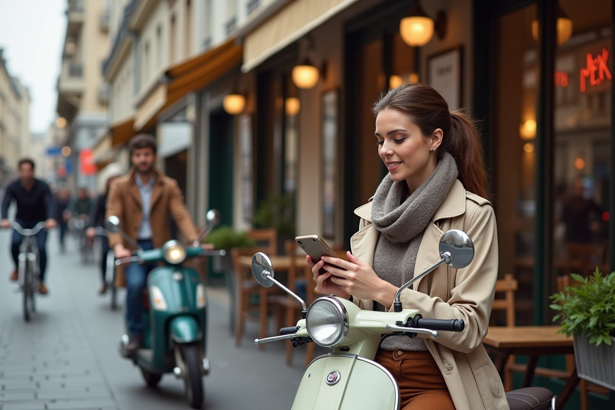 Femme en trench avec Dax 50cc au café en ville