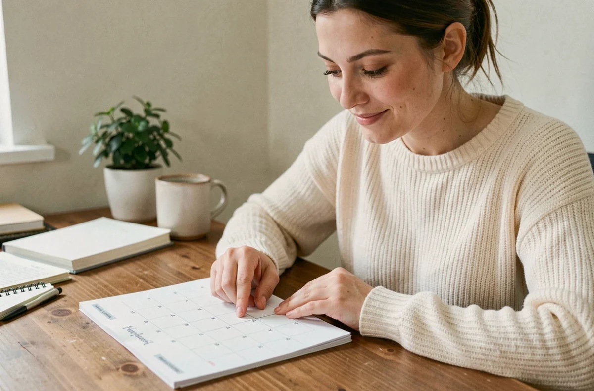 Jeune femme comptant les jours sur un calendrier papier posé sur un bureau en bois dans un bureau à domicile cosy