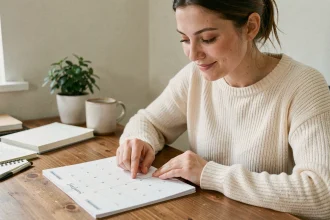 Jeune femme comptant les jours sur un calendrier papier posé sur un bureau en bois dans un bureau à domicile cosy