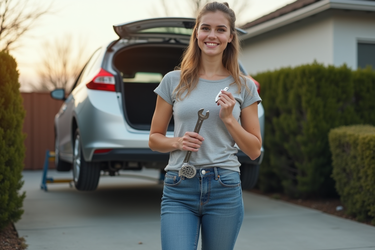Jeune femme souriante avec silent bloc neuf devant voiture