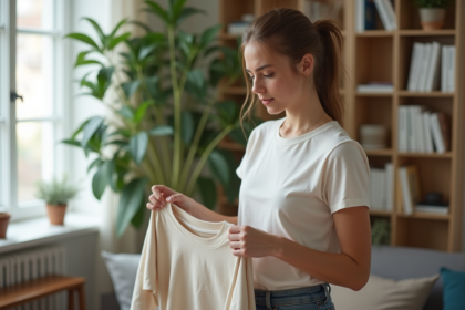 Jeune femme choisissant un vêtement en coton dans un salon lumineux