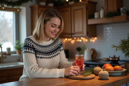 Femme décorant un cocktail de Noël dans une cuisine chaleureuse
