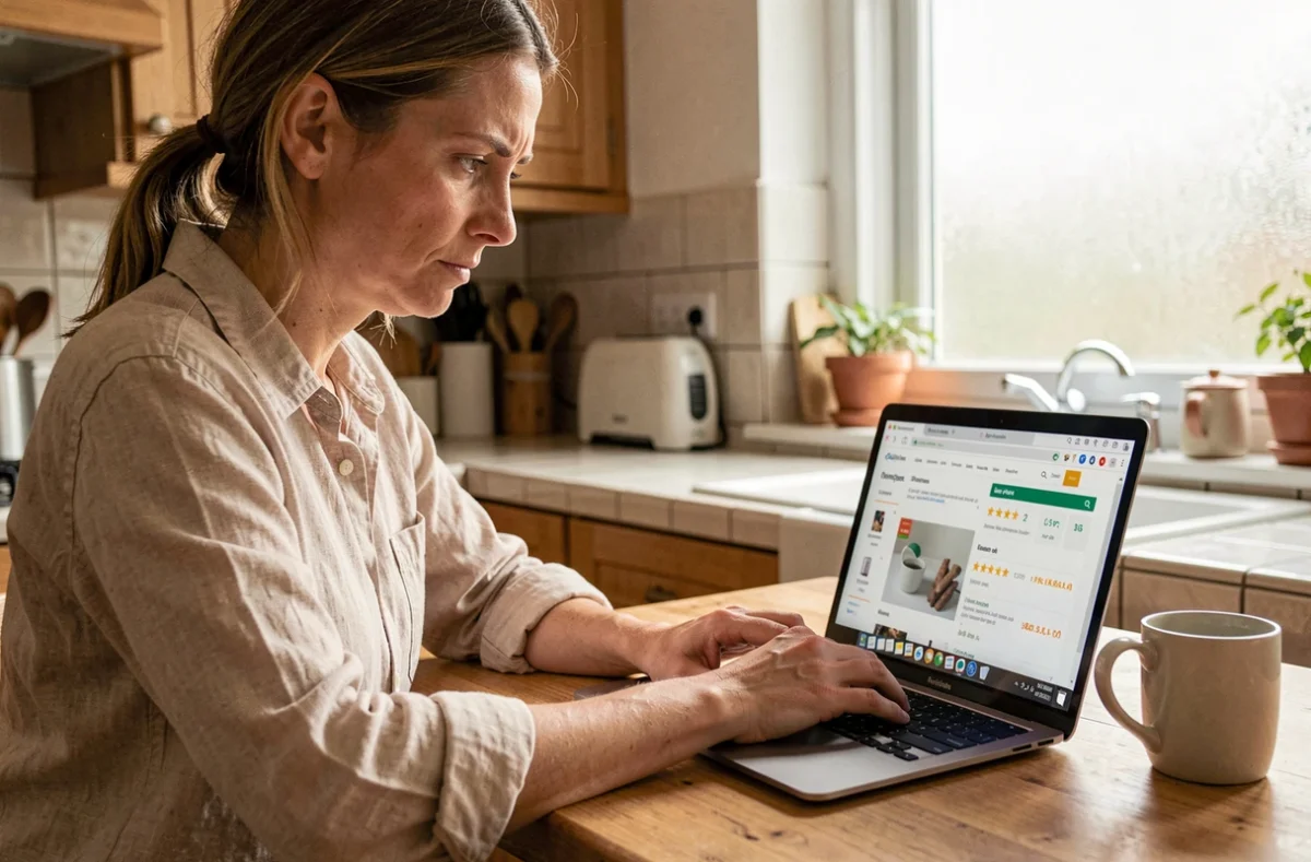Femme consultant le site Gospi sur un ordinateur portable pour faire des choix de consommation éclairés