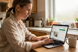 Femme consultant le site Gospi sur un ordinateur portable pour faire des choix de consommation éclairés