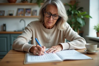Femme d'âge moyen faisant un mots croisés à la maison