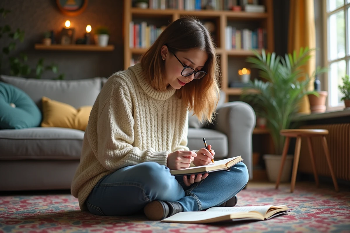 Femme dessinant une base Clash of Clans sur un carnet dans le salon
