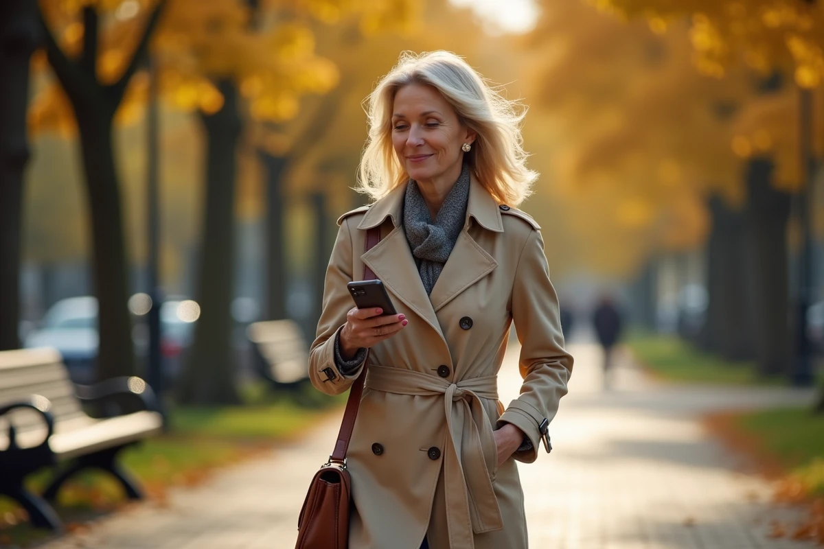 Femme élégante dans la quarantaine se promenant dans un parc urbain tout en consultant son téléphone portable