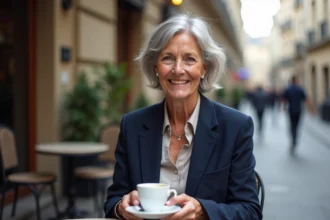 Femme élégante aux cheveux grisonnants assise en terrasse de café parisien, évoquant la vie privée et la sérénité