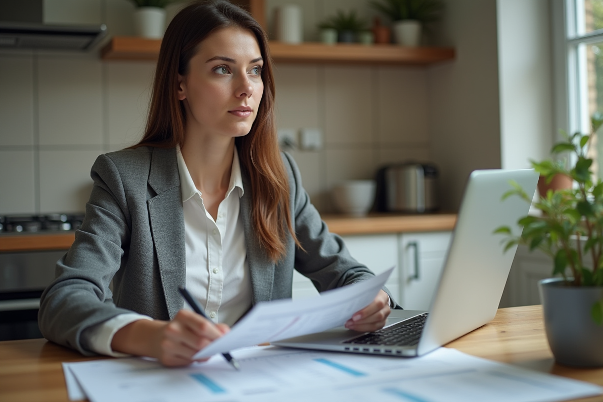 Jeune femme analysant des documents d évaluation énergétique dans sa cuisine