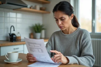 Femme consultant sa facture mobile à la maison pour vérifier un numéro surtaxé avec l'indicatif 49