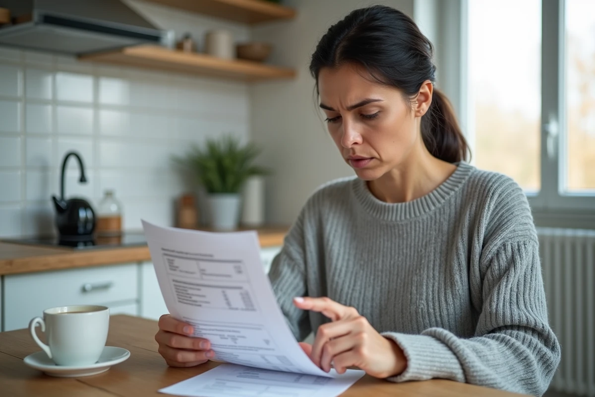 Femme consultant sa facture mobile à la maison pour vérifier un numéro surtaxé avec l'indicatif 49