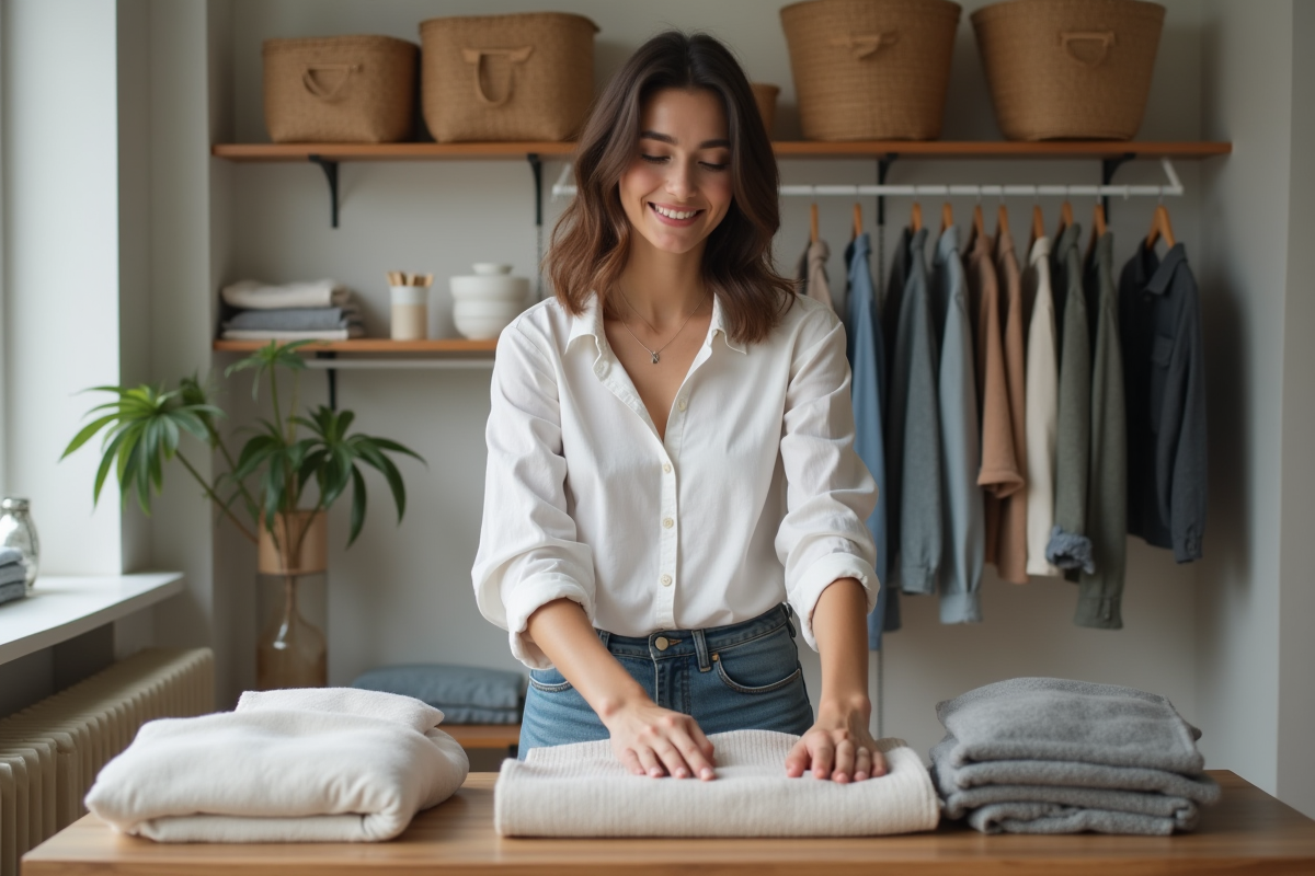 Jeune femme plie des pulls dans une chambre chaleureuse