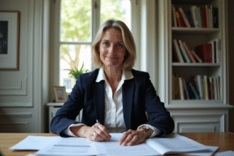 Femme française lisant des documents fiscaux à son bureau