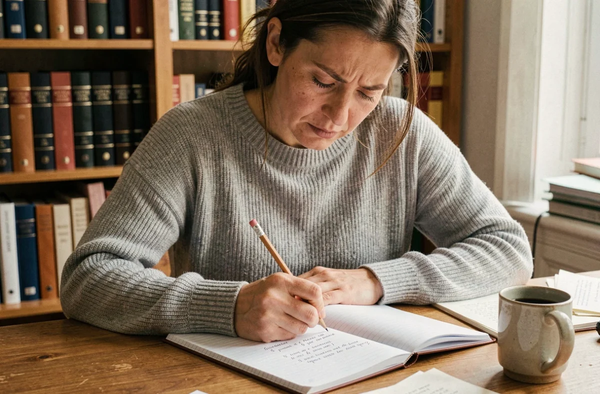Femme écrivant des règles de grammaire française dans un cahier sur un bureau en bois, illustrant le piège du participe passé mis ou mit avec l'auxiliaire avoir