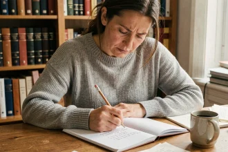 Femme écrivant des règles de grammaire française dans un cahier sur un bureau en bois, illustrant le piège du participe passé mis ou mit avec l'auxiliaire avoir