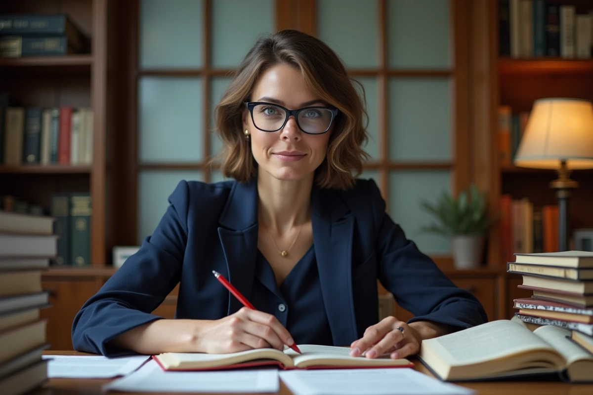 Femme consultant des livres de grammaire française pour éviter les erreurs de majuscules dans les noms propres